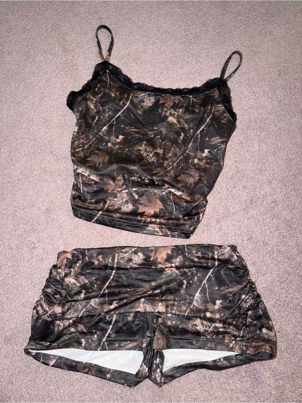 SHEIN Dark Camo Lace-Trim Tank & Shorts PJ Set